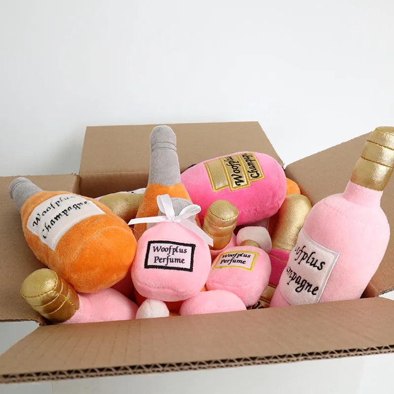 Soft plush pet toy in the shape of a wine bottle, shown in various colours.