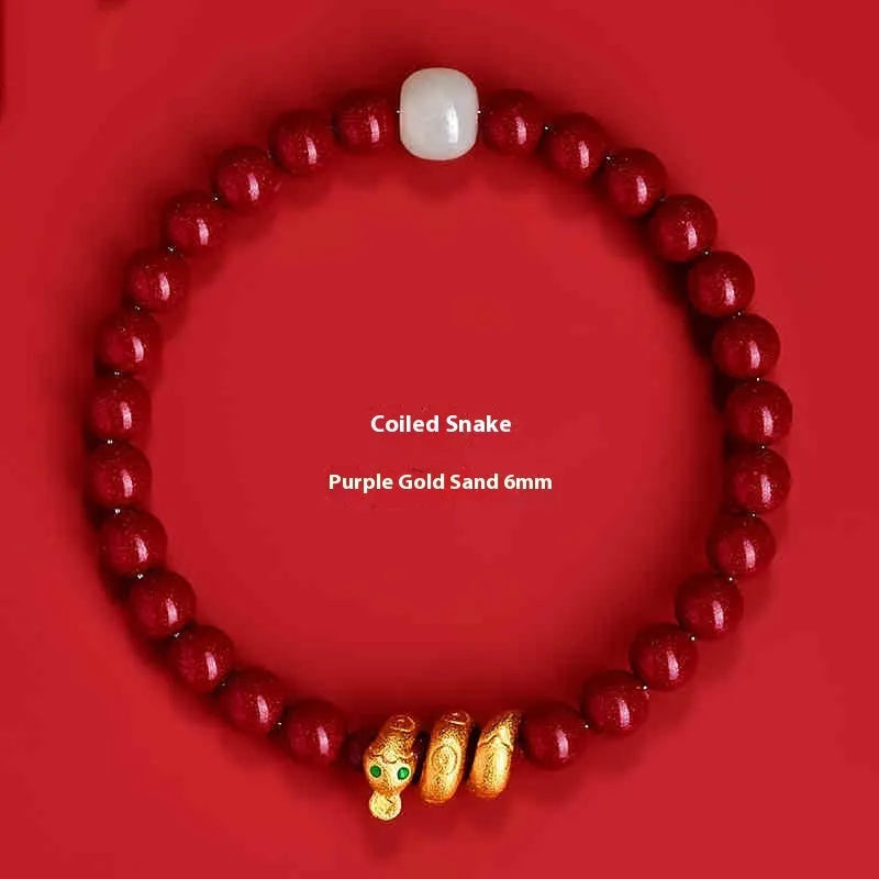 Handmade red cinnabar snake zodiac bracelet with roll snake beads in Chinese style