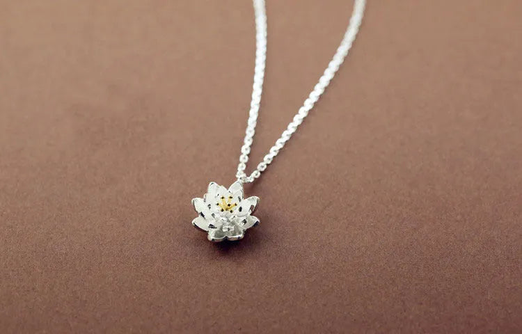 S925 sterling silver lotus necklace with O-ring chain and silver flower pendant for women, PL205 series