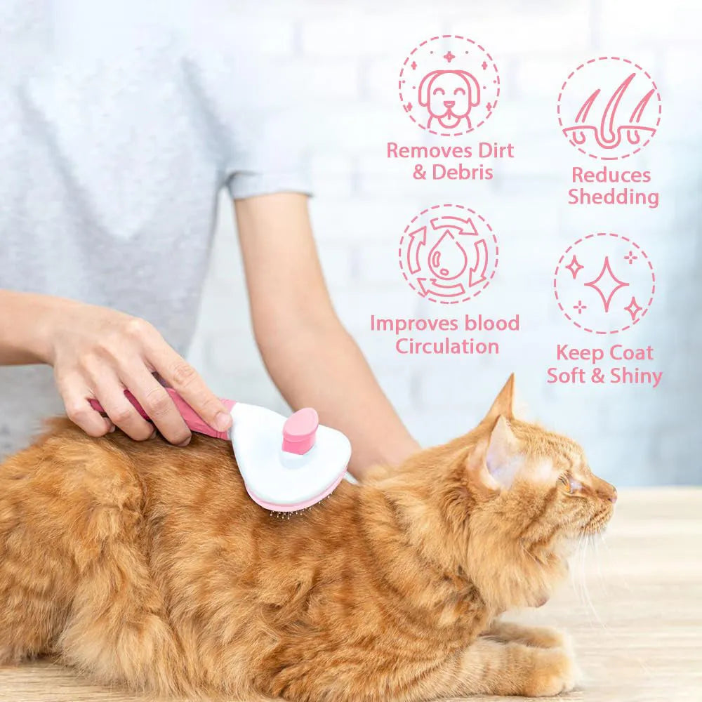 Blue, grey, and pink cat grooming brush with a release button for removing pet hair.