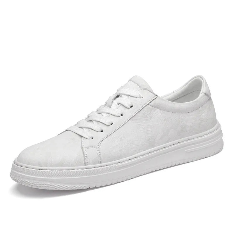 White, black, or beige low-top casual sneakers with hidden platform sole, microfiber upper, front laces, and 6 cm or 8 cm height increase.