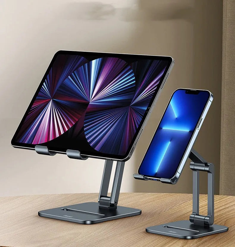 Deep space grey aluminium folding stand supporting a tablet at an angle