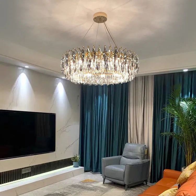 Crystal chandelier with iron body, LED light source, 220V, multi-head ceiling light in circular or elliptical size options.