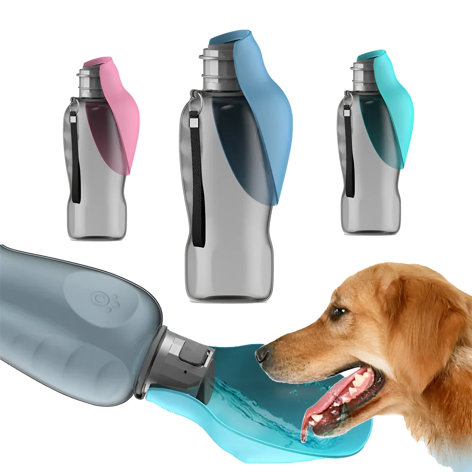 Blue grey portable dog water bottle with foldable drinking bowl showing 800ml capacity markings