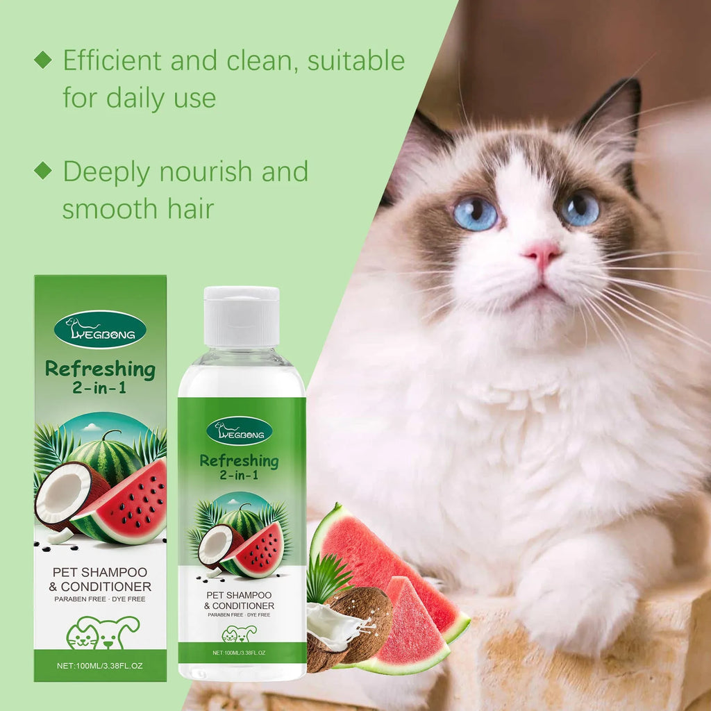 100ml bottle of pet 2-in-1 shampoo and shower gel with watermelon and coconut fragrance.