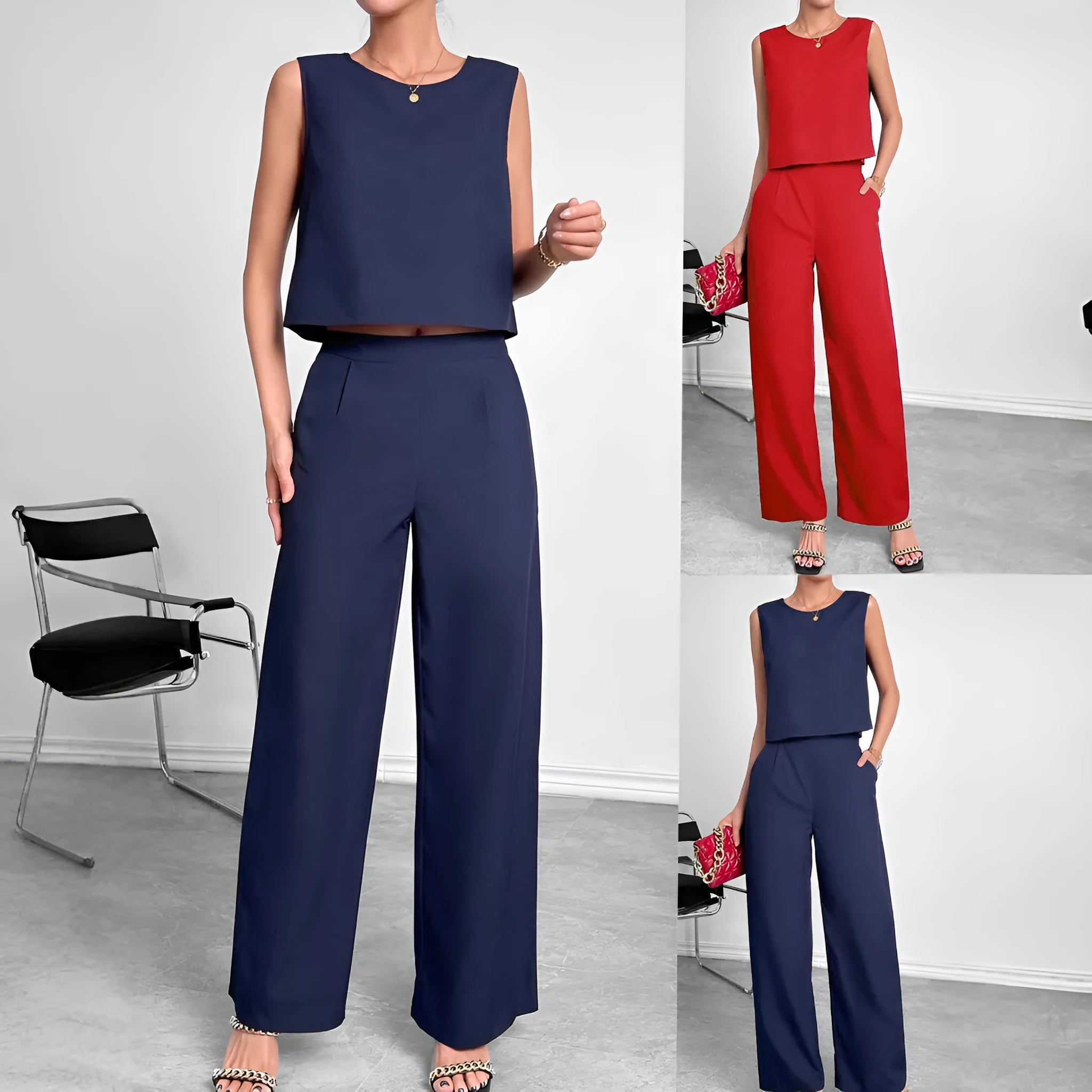 Women's red sleeveless top and wide leg trousers two-piece set laid flat