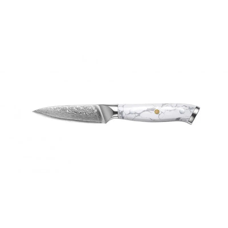 Damascus pattern chef's knife with 32cm total length on kitchen counter