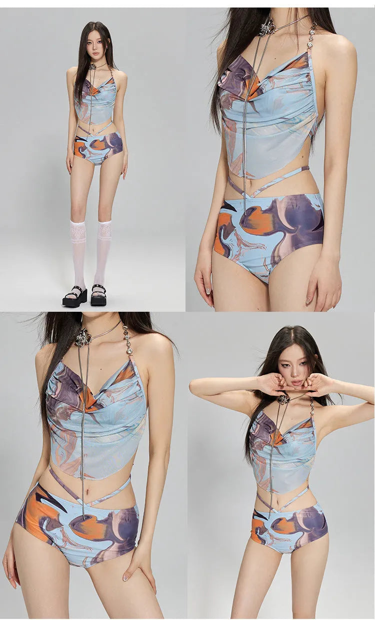 Women's blue printed bikini set with triangle top, high-waisted briefs and skirt showing steel support construction