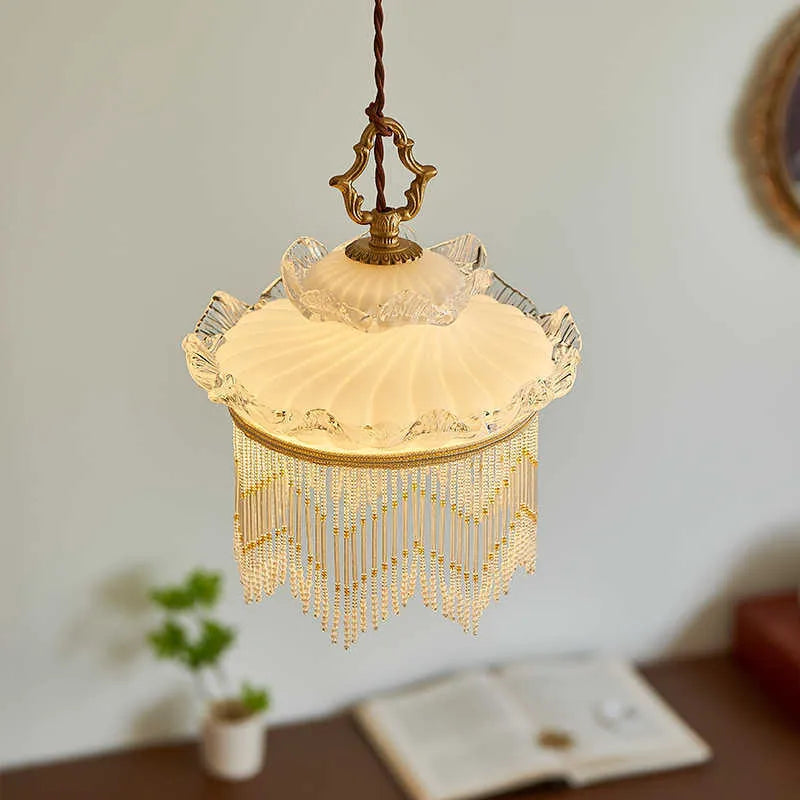 Tassel glass chandelier with copper lamp body, glass lampshade, and LED light source for dining room or bedroom