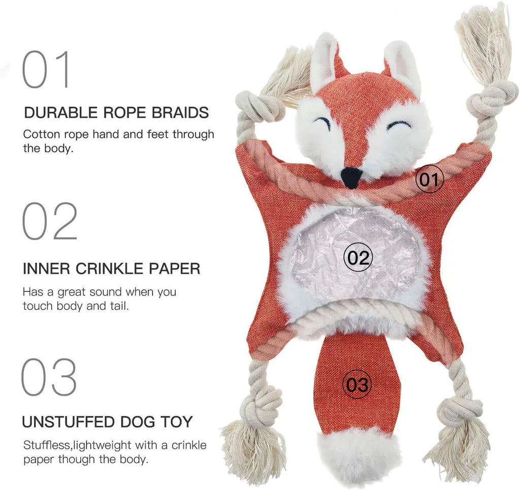 Brown fox-shaped dog toy with rope arms and legs, embroidery eyes, squeaker and crinkle sounds