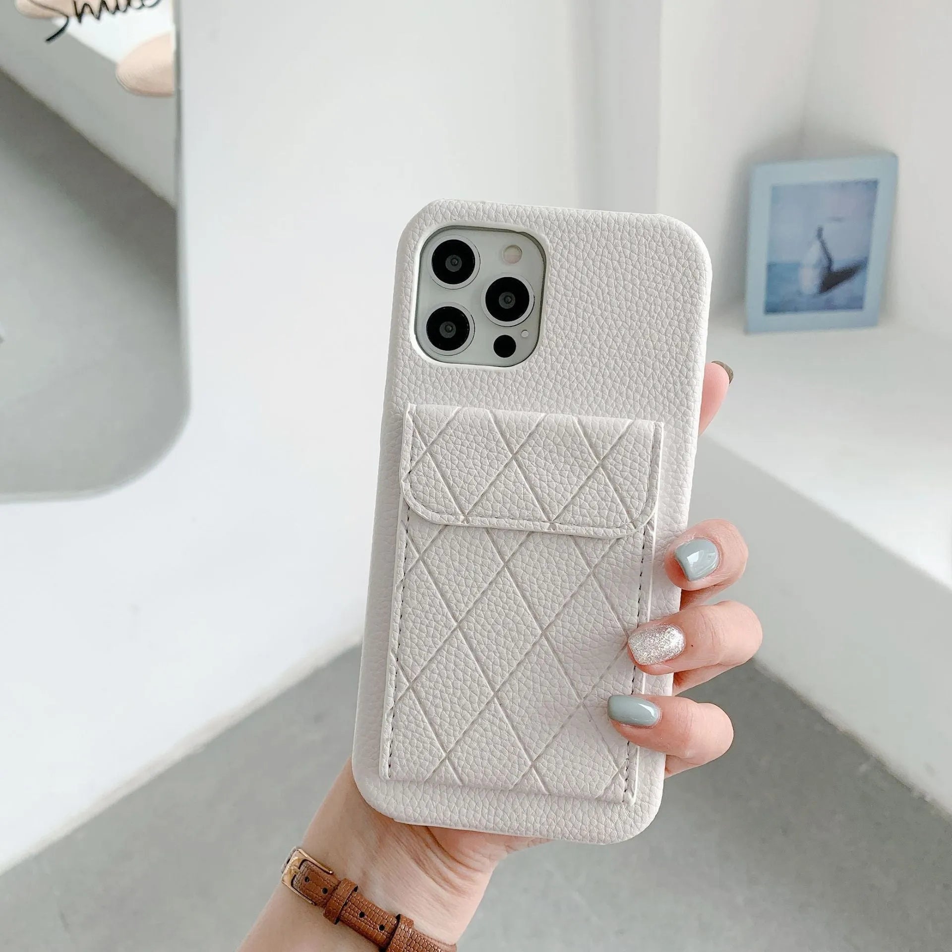 Imitation leather mobile phone back cover case with card holder for iPhone, shown in khaki colour.
