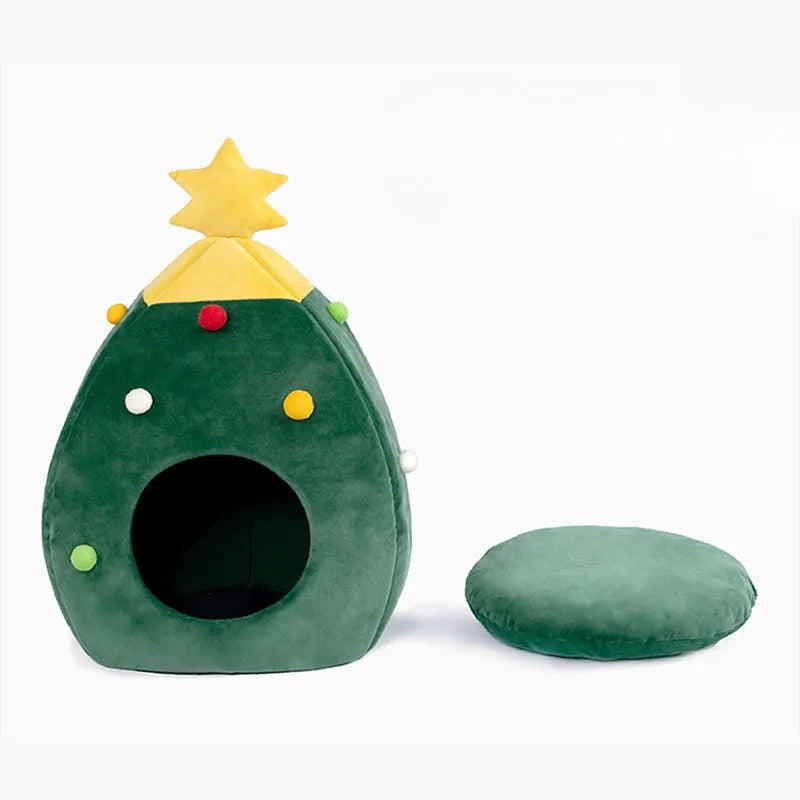Christmas tree-shaped plush pet cave bed for cats and dogs with detachable cover
