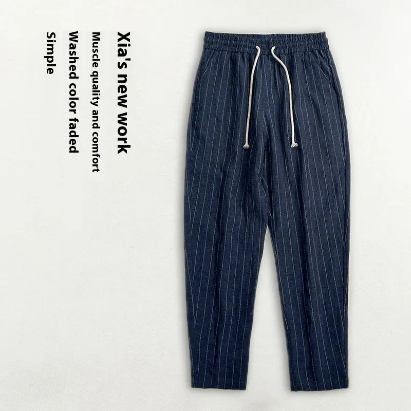 Men's lightweight cropped linen-cotton trousers in a striped pattern, shown in khaki colour.