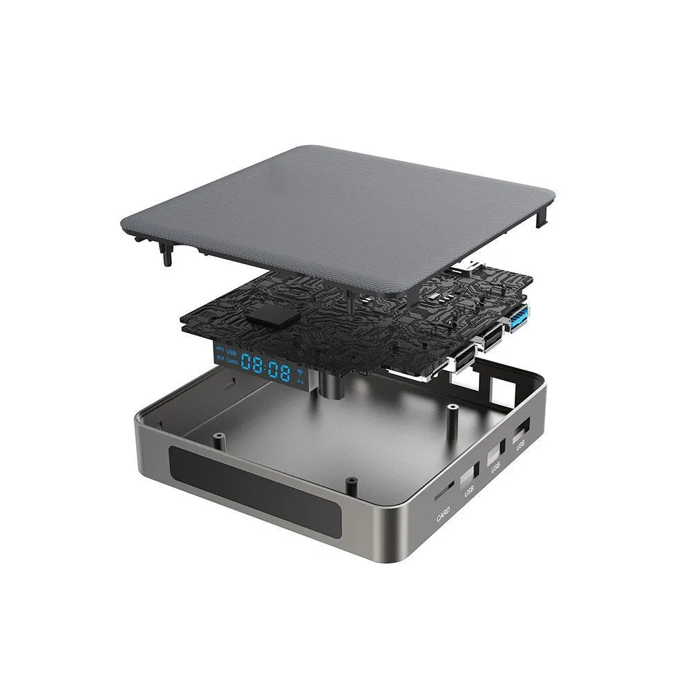 Android TV box with 8K resolution output, RK3566 processor, and compact 105x105x20mm design