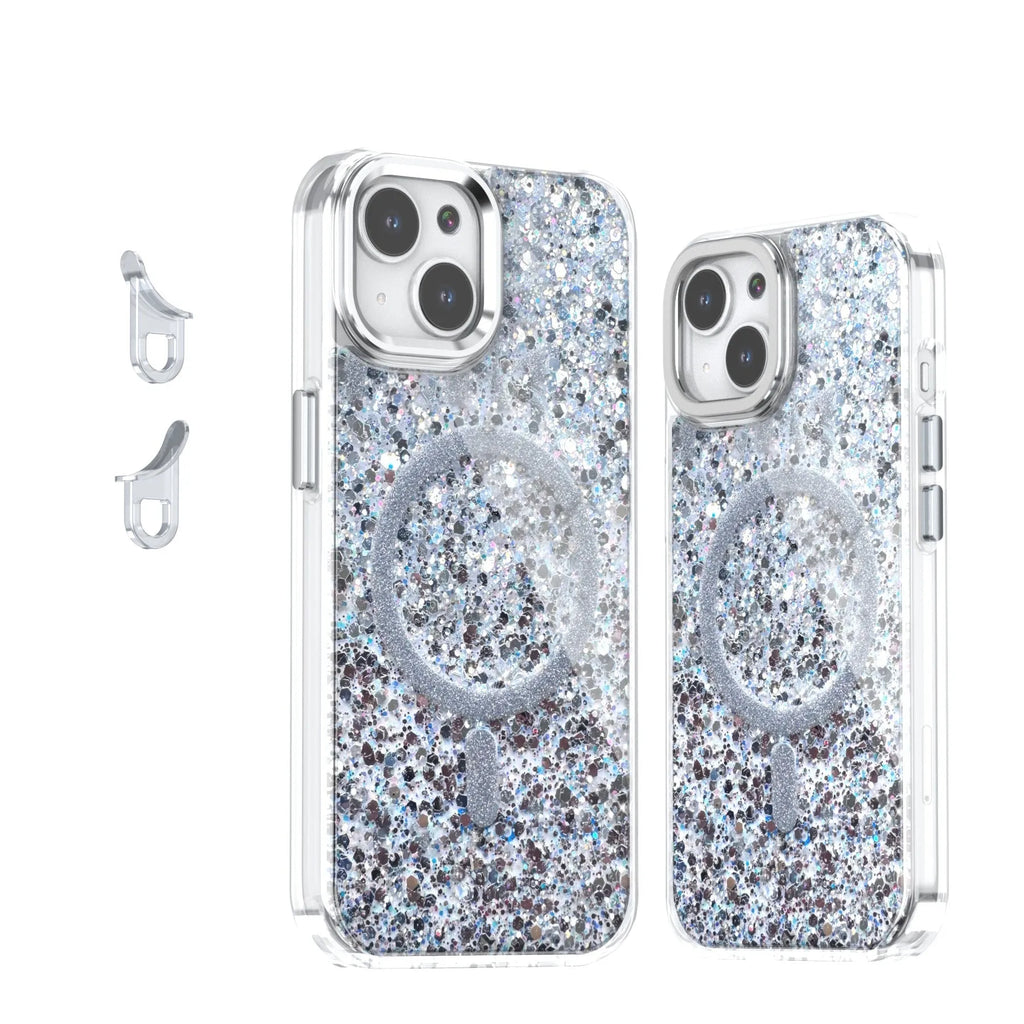 Creative Sequins Glitter Epoxy Magnetic Phone Case for Apple iPhone, transparent back with glitter, compatible with IP12-IP16 models