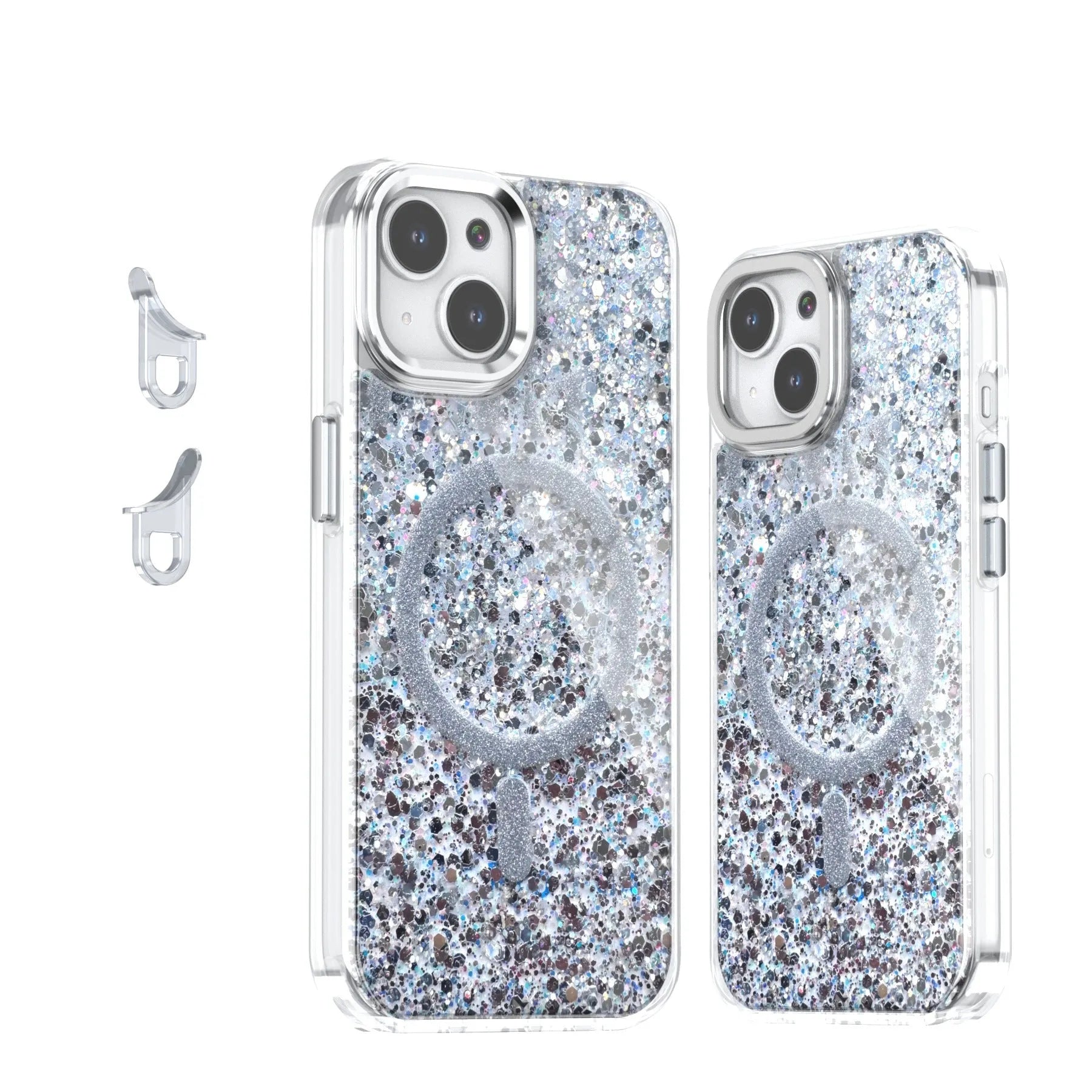 Creative Sequins Glitter Epoxy Magnetic Phone Case for Apple iPhone, transparent back with glitter, compatible with IP12-IP16 models
