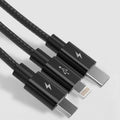 Three-in-one USB charging cable 1.2m 3A with Type-C, Micro USB and Lightning connectors, PVC and nylon braid, black red blue