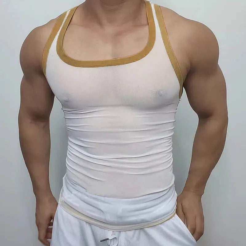 Men's solid-colour tight-fitting mesh vest for sports in black or white.