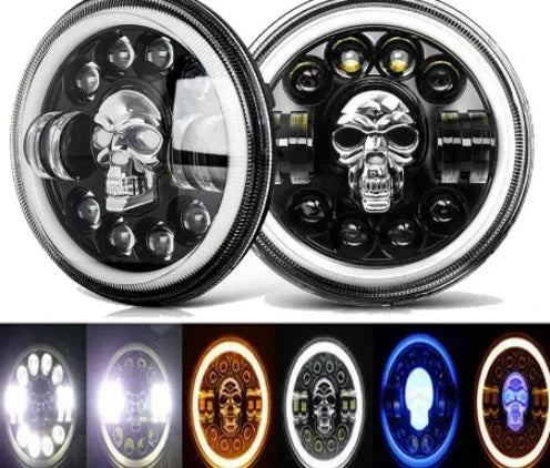7-inch round off-road turn light with skull head design, aviation aluminium housing, and IP68 rating