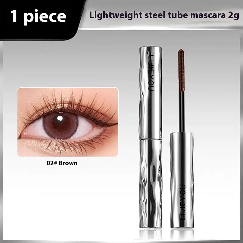 Waterproof steel tube mascara for long thick eyelashes in black or brown colour