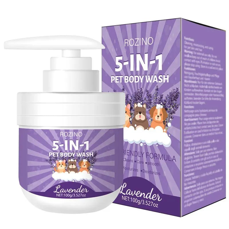 100g bottle of pet shower gel with sterilising and deodorising properties for dogs and cats