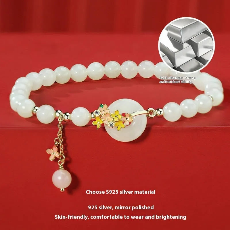 S925 sterling silver bracelet with 6mm natural Hetian jade stones and Osmanthus peace buckle design
