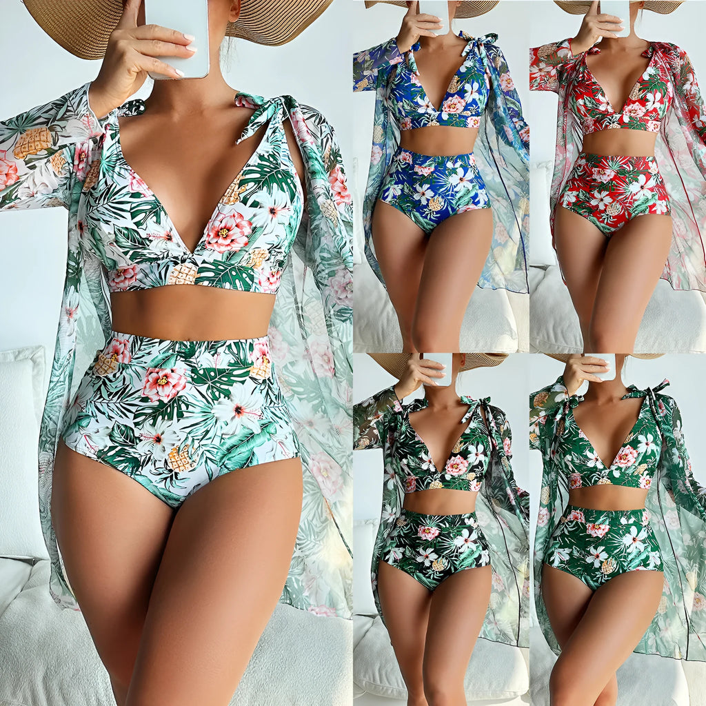 Women's multicolour printed bikini swimsuit three-piece set showing shirt, bra, and shorts