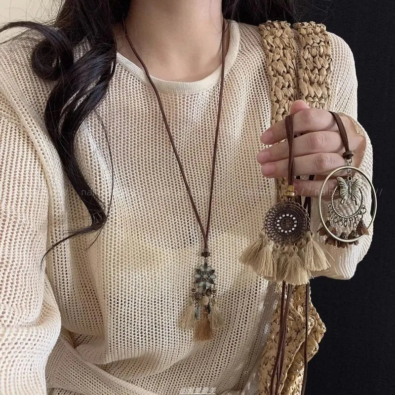 Retro ethnic style tassel long pendant necklace in copper alloy and acrylic geometry for women