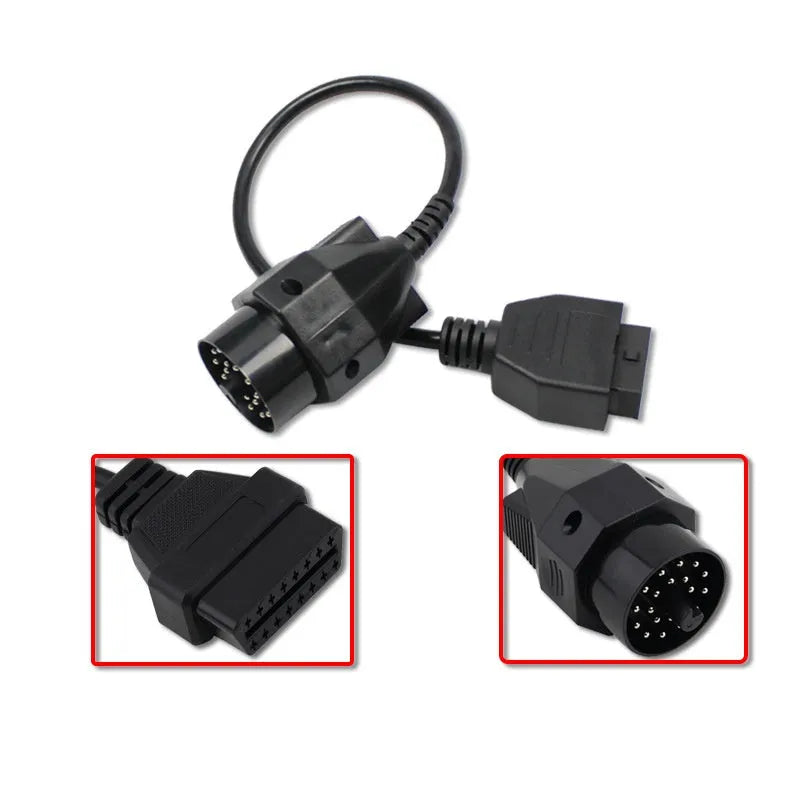 BMW 20-pin to 16-pin OBD2 diagnostic port adaptor cable on a white background.