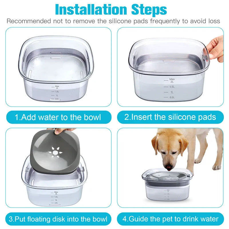Transparent large dog water bowl with floating disc showing visible water level