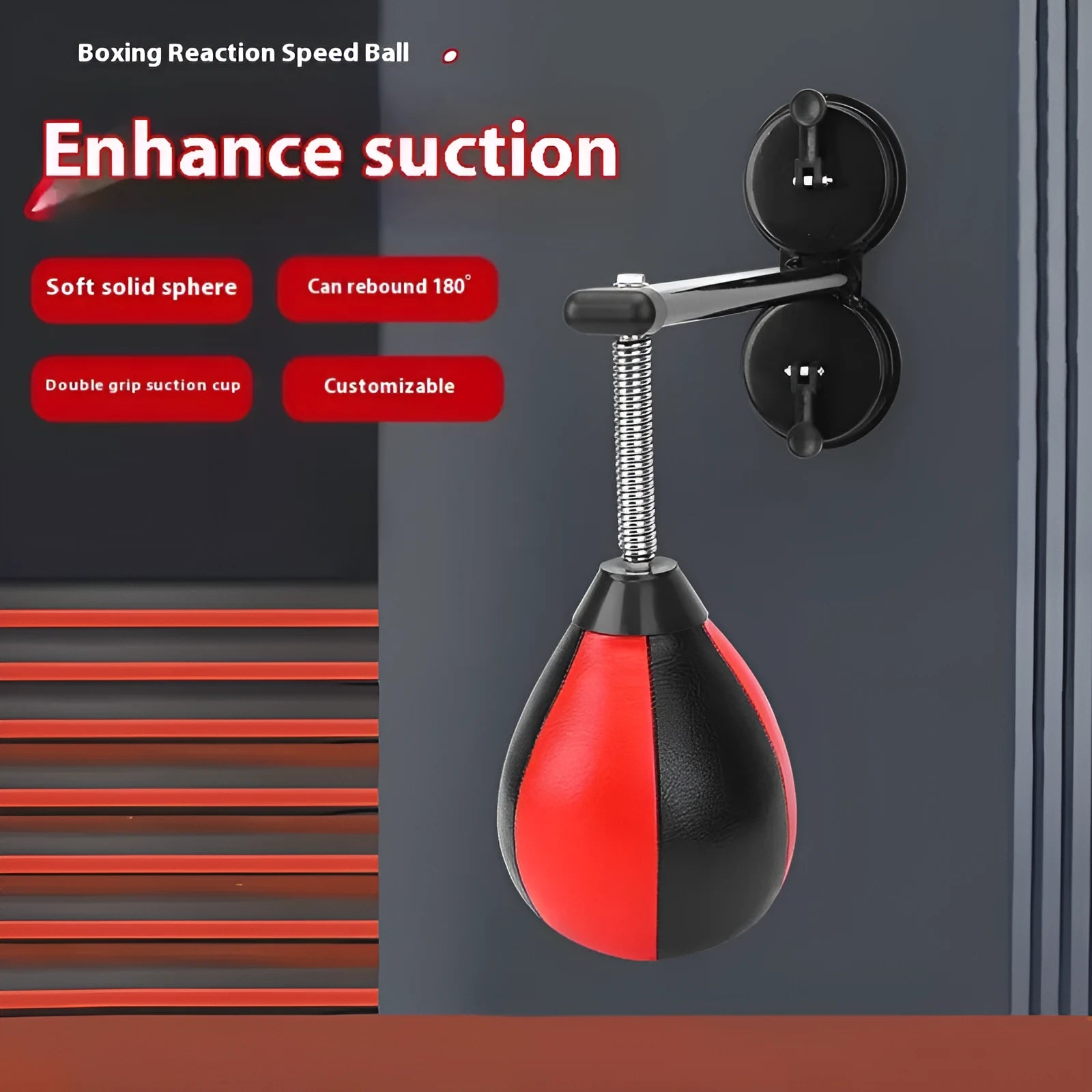 Red and black pear-shaped hanging boxing ball with dual suction cup mounting system