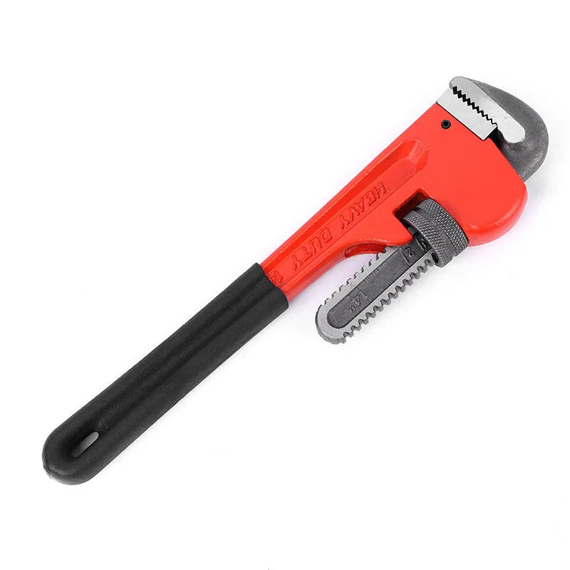 Heavy pipe tongs 45# steel water pipe pliers with black handle and silver jaw on white background
