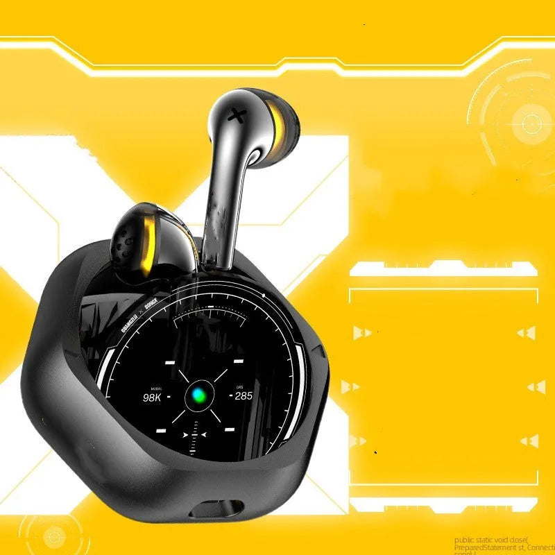 Black wireless semi-in-ear TWS earbuds in charging case with Type-C and wireless charging support