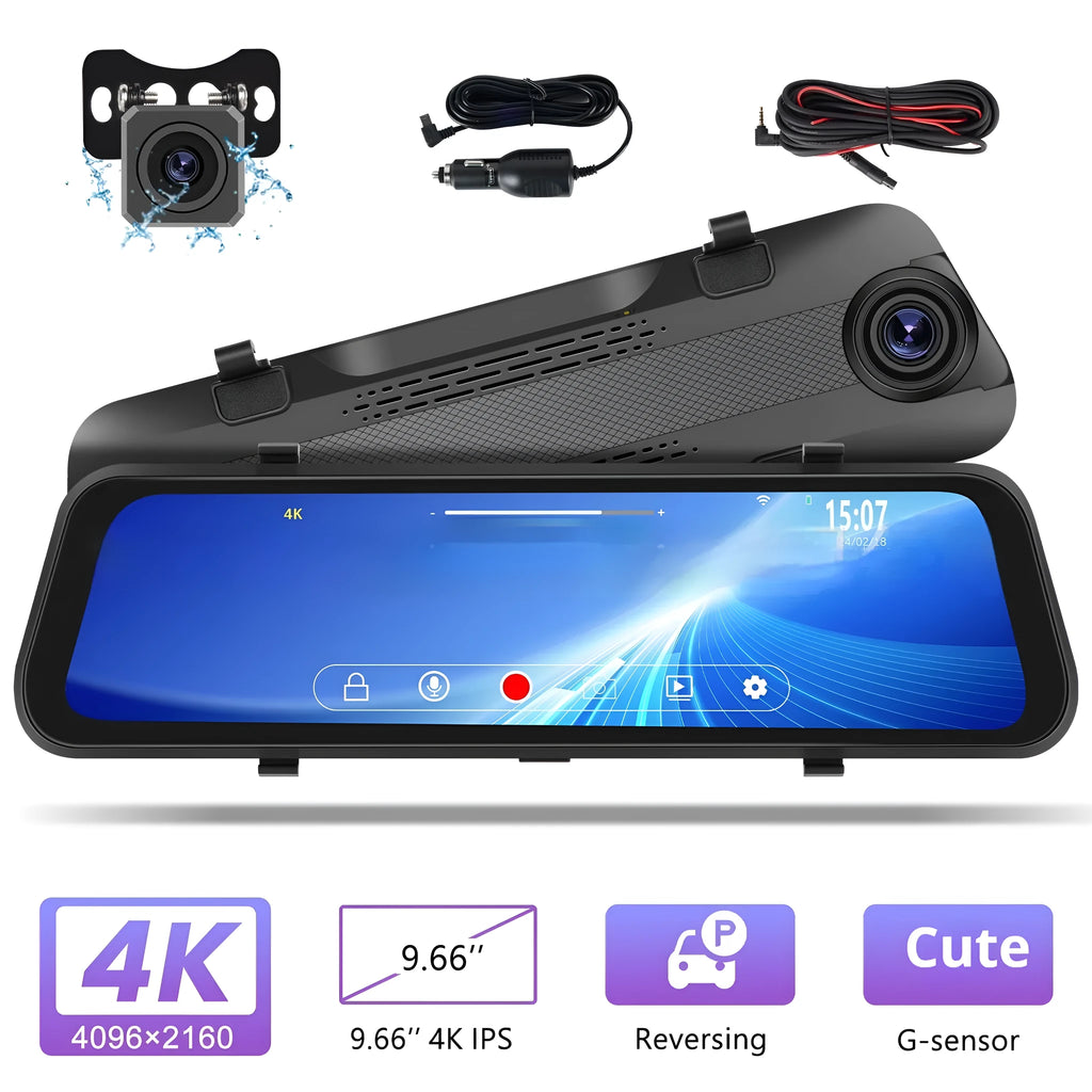 9.66 inch streaming media rearview mirror with touch screen displayed in a car, showing dual camera split-screen view.