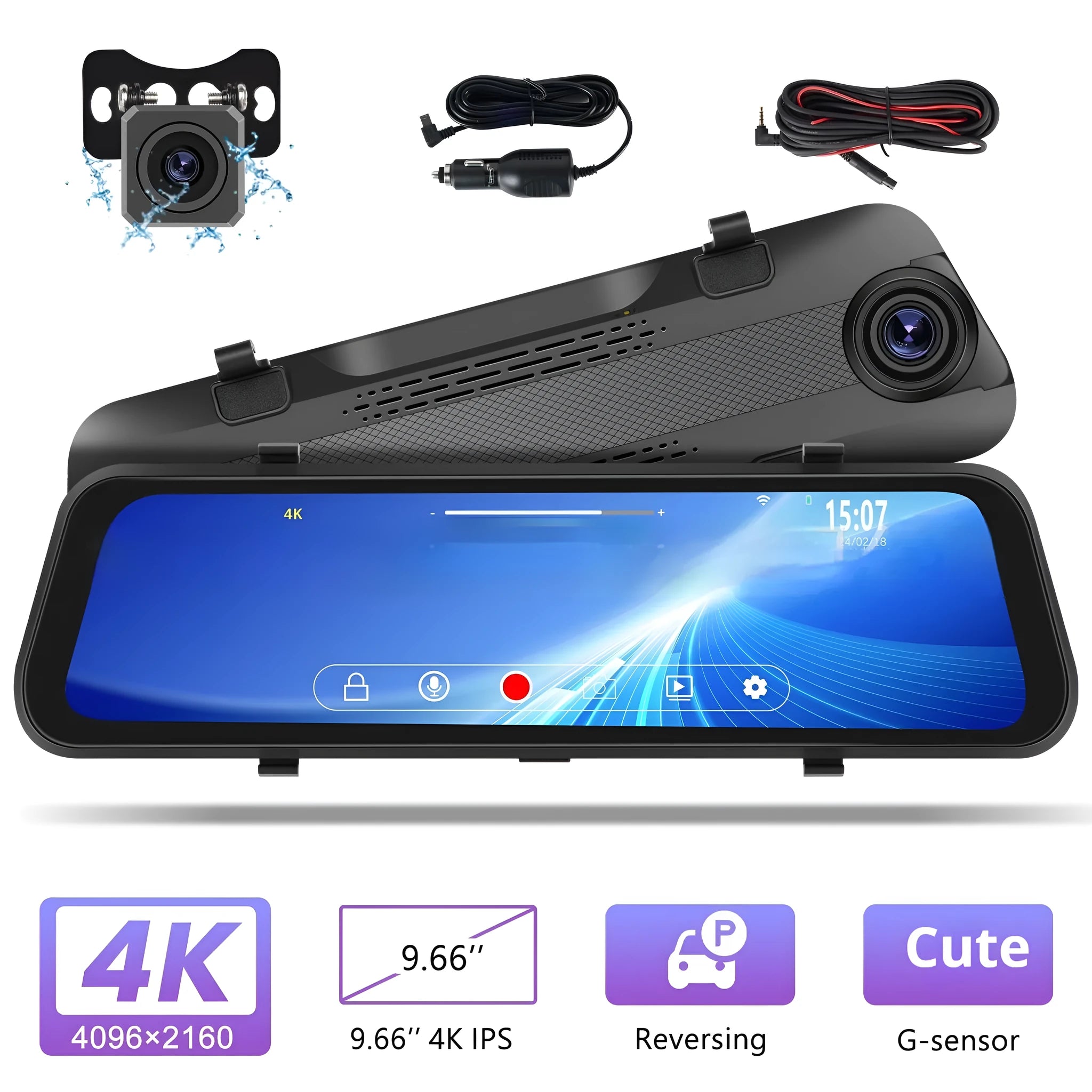 9.66 inch streaming media rearview mirror with touch screen displayed in a car, showing dual camera split-screen view.