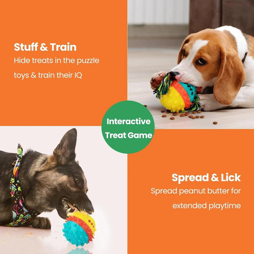 Blue and red TPR rubber dog ball with rope and treat hole for aggressive chewers