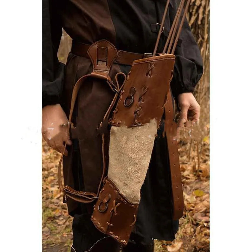 Warrior hand woven PU skin spliced quiver in brown with stitching pattern for adult archery