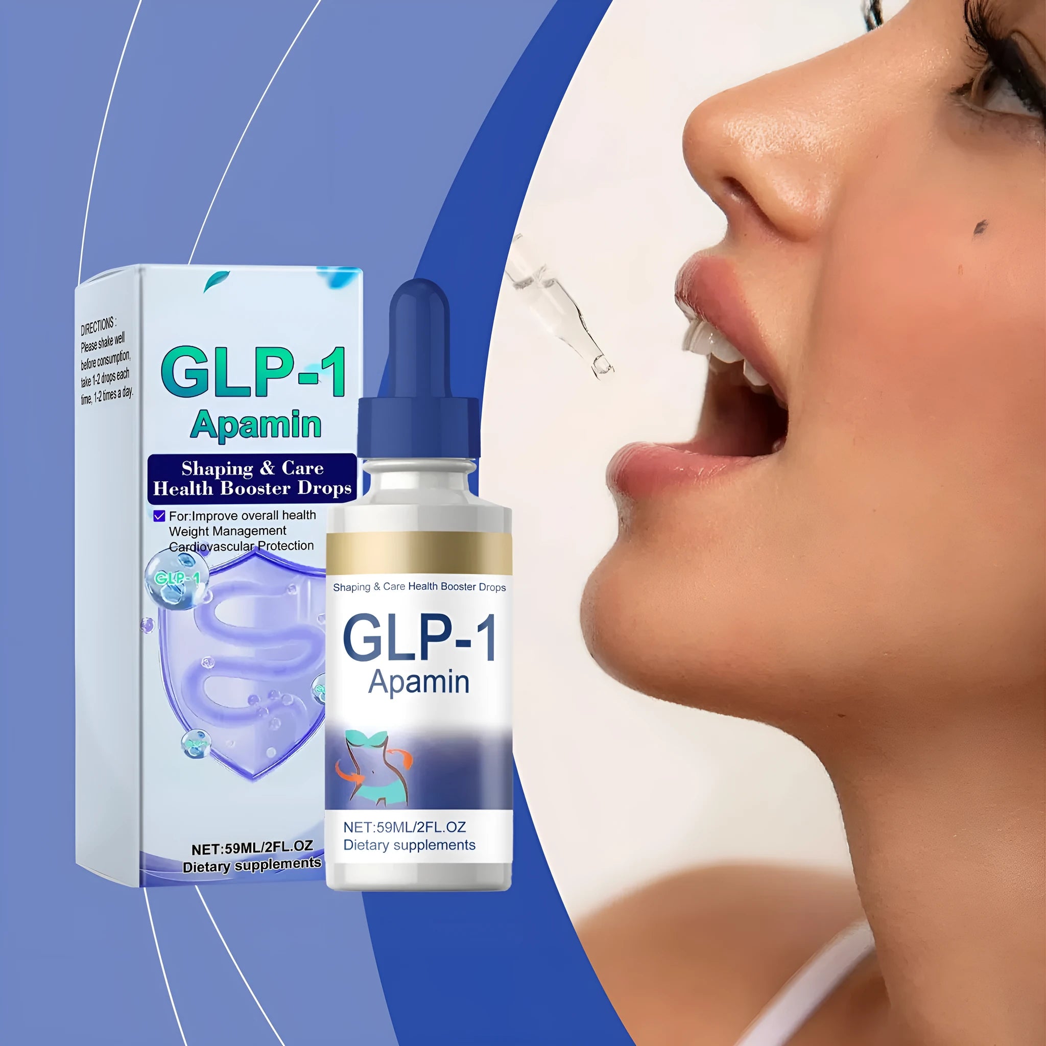Bottle of Nourishing Skin Elastic Body Care Drops, 59ml net content, for export sales.