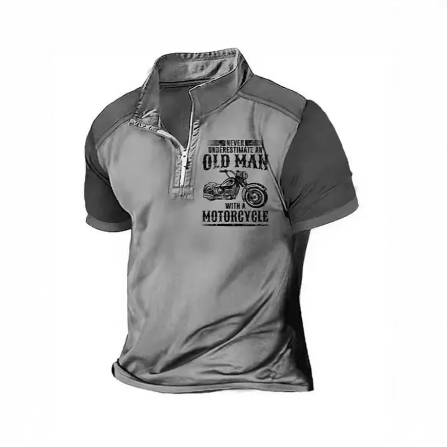 Men's casual lapel polo shirt with digital letter print on short sleeves.