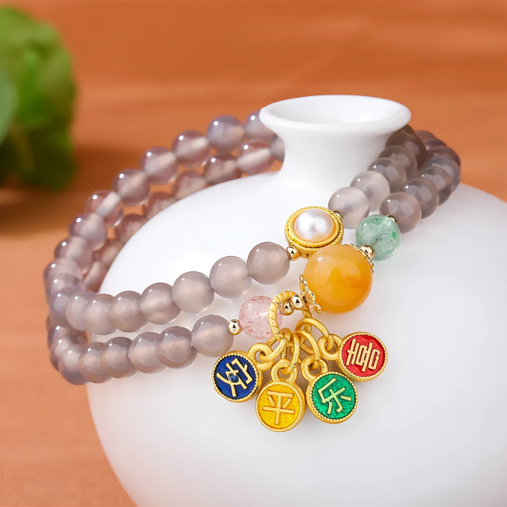 Natural grey agate bracelet with two circles and safe and happy design for women