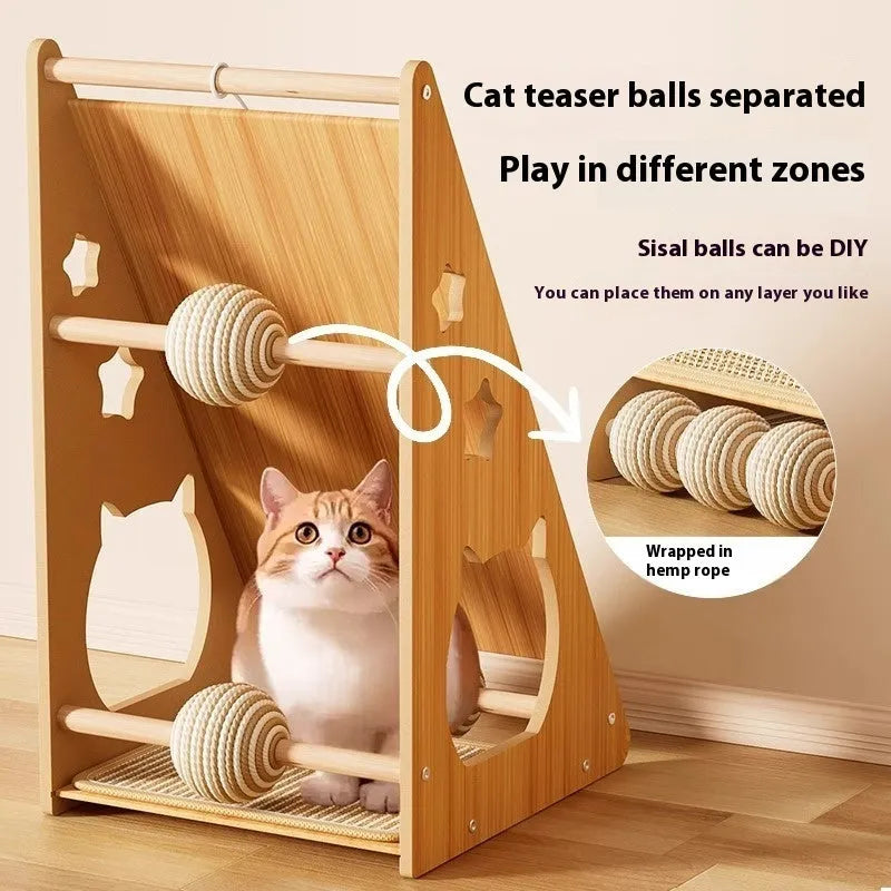 Vertical wall-mounted cat scratch board with sisal surface and dangling teasing ball