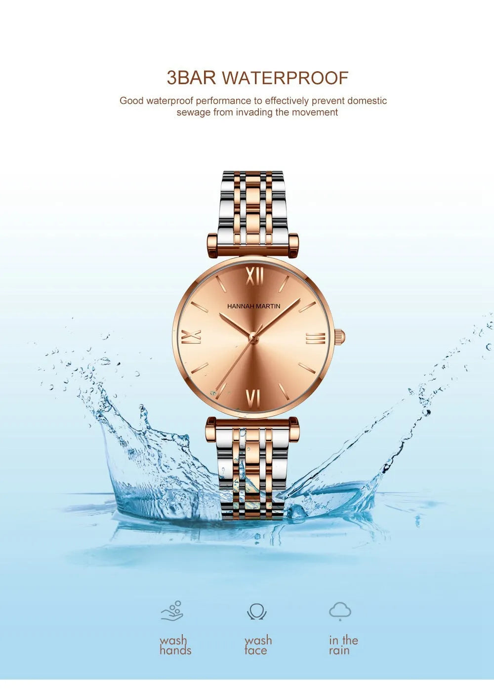 Women's stainless steel band watch, 10mm thick, round dial, business style, rose gold gold or silver finish