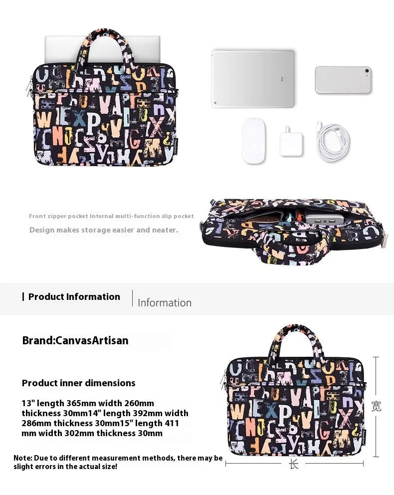 Black polyester laptop tablet bag with printed letter pattern, 13 inch size, waterproof anti-seismic unisex carrying case