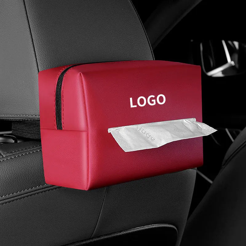 Leather car tissue paper extraction box 18cm x 12.5cm x 9cm in Black, Dark Green, Gray, Mocha brown, or Red with optional car logo.