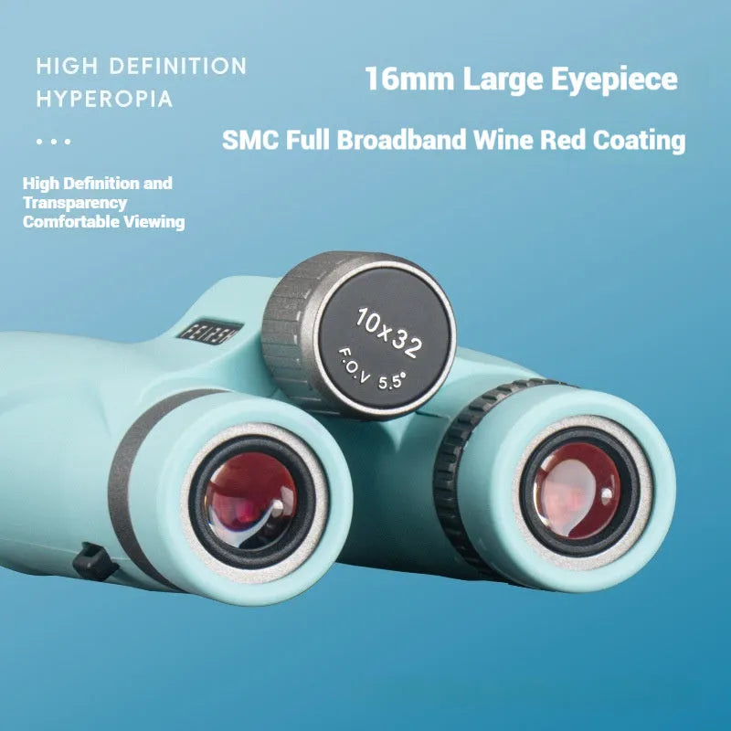 Blue and grey compact 10x32 binoculars with wine red film imaging on a table, showing 112mm size.