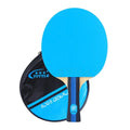 Colourful table tennis racket with pure wood construction and long handle next to matching protective bag