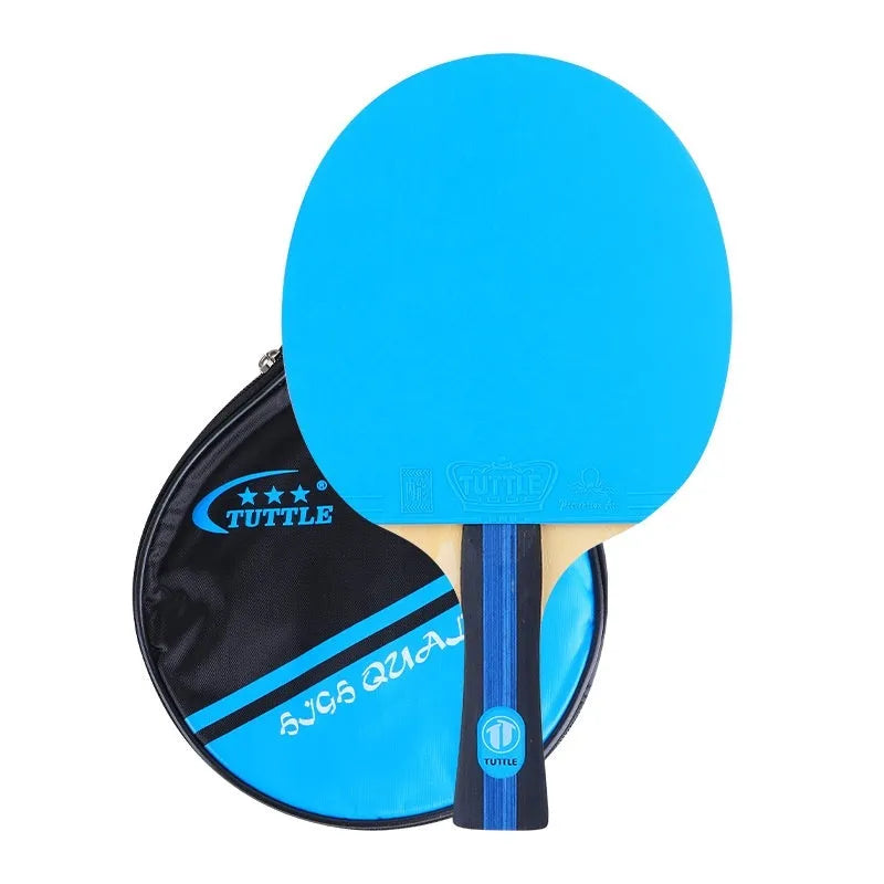 Colourful table tennis racket with pure wood construction and long handle next to matching protective bag