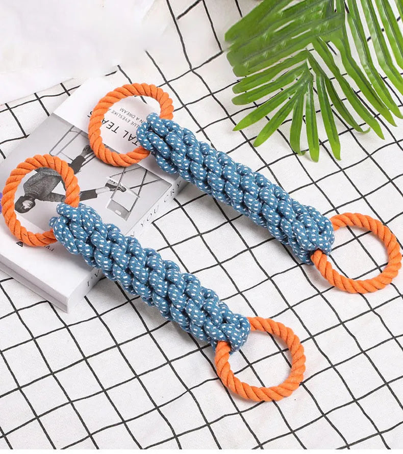 Blue double-ring braided cotton bone dog chew toy for teeth cleaning.