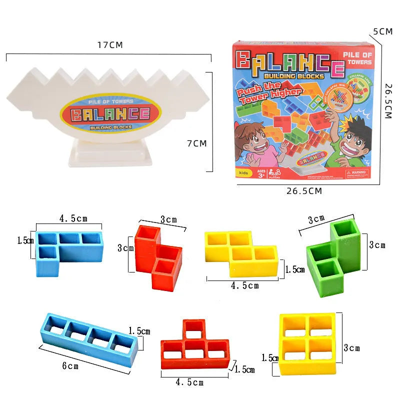 Plastic balance stacking game with colourful blocks on a chassis