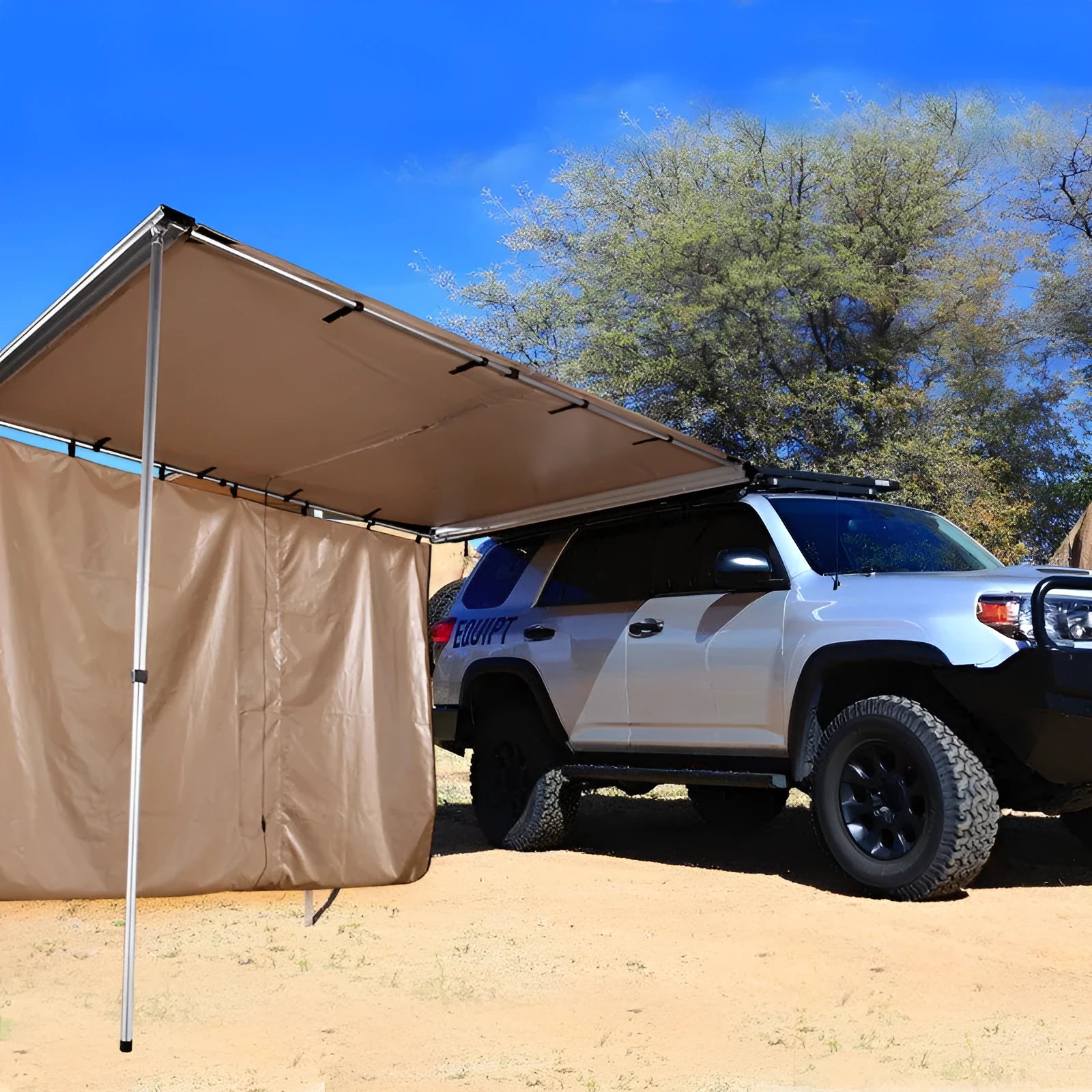 Black glue waterproof single-layer camping tent with aluminium poles and Oxford cloth base.